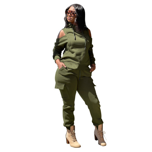 Casual Olive Sweatsuits with Pockets