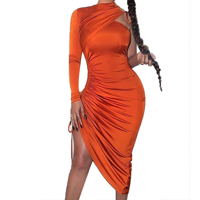Orange Drawstring Ruched Irregular Dress with Single Sleeve