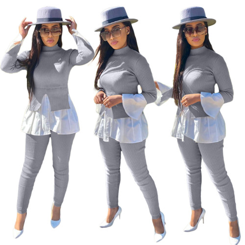 Gray Contrast Patchwork Mock Neck Two Piece Set