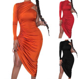 Orange Drawstring Ruched Irregular Dress with Single Sleeve