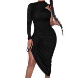 Black Drawstring Ruched Irregular Dress with Single Sleeve