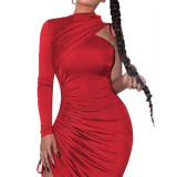 Red Drawstring Ruched Irregular Dress with Single Sleeve