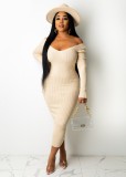 Beige Ribbed V-Neck Long Sleeves Long Bodycon Dress
