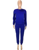 Blue Long Sleeves O-Neck Top and Pants Two Piece Set
