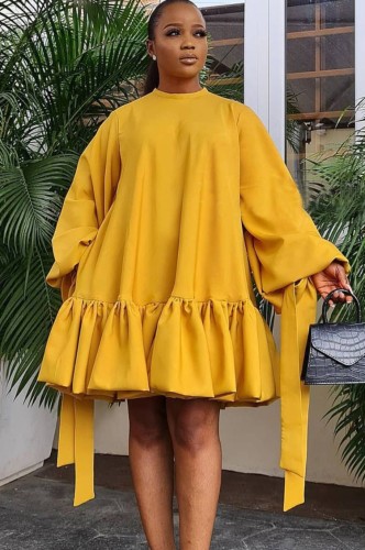 Yellow A-line Puff Sleeve Frill Hem Loose Short Dress