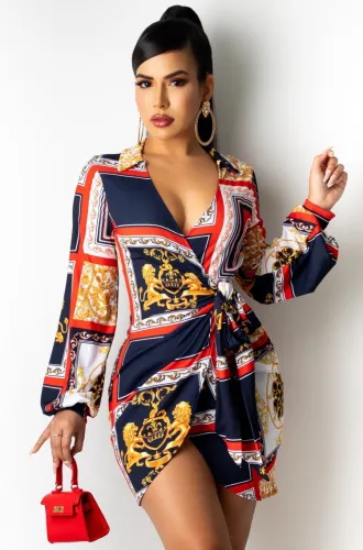 Print V-Neck Knotted Wrap Long Sleeves Irregular Dress