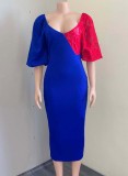 Red Lace Patch Blue V-Neck Puff Sleeve Sheath Midi Dress