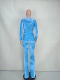 Blue Velvet Zipper Open Long Sleeve Hoody Top and Pant Two Piece Set