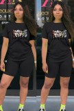 Cartoon Printed Black Round Neck Tee and Shorts Two Piece Set