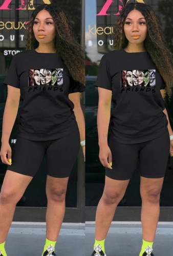 Cartoon Printed Black Round Neck Tee and Shorts Two Piece Set