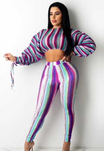 Colorful Striped Puff Sleeve O-Neck Crop Top and Pants Two Piece Set