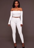 White Ribbed Off Shoulder Crop Top and Drawstring Pants Two Piece Set