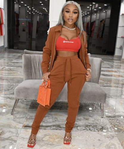 Brown Long Sleeve Zipper Up Top and Drawstring Pant Two Piece Set