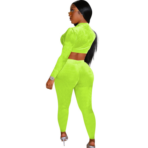 Green Velvet Zipper Crop Top and Drawstring Pants Two Piece Set