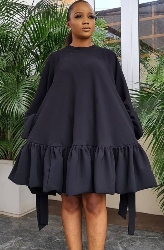Black A-line Puff Sleeve Frill Hem Loose Short Dress