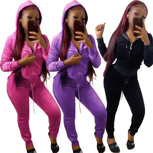 Purple Velvet Fitted Zipper Tracksuit with Hood