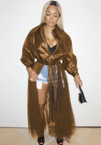 Brown Mesh Patchwork Pu Leather Turndown Collar Long Jacket