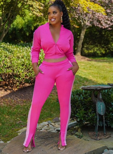 Contrast Pink Zipper Open Pocket Top and Pants Two Piece Set