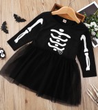Kids Girl Black Print Halloween Chiffon Hem Dress