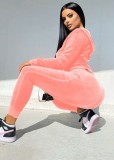 Pink Velvet Zipped Open Hoody Top and Pants Two Piece Set