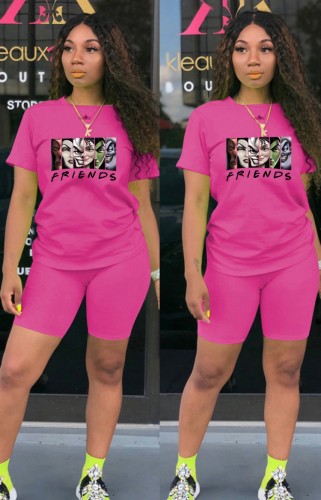 Cartoon Printed Pink Round Neck Tee and Shorts Two Piece Set