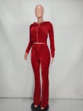 Red Velvet Zipper Open Long Sleeve Hoody Top and Pant Two Piece Set