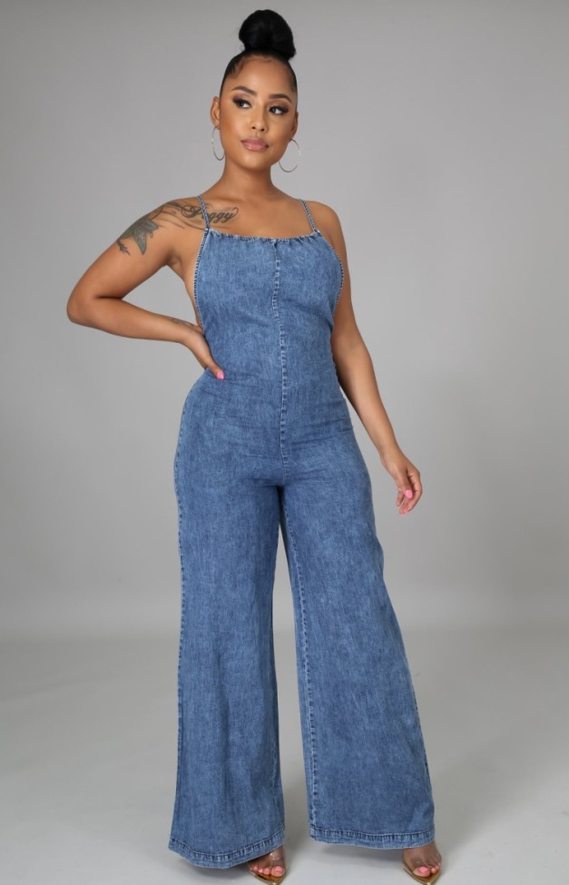 Blue Cami Backless Wide Bottom Denim Jumpsuit