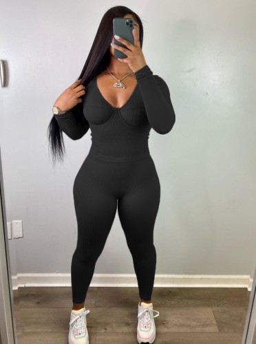 Black U-Neck Long Sleeve Shirt and Fitted Pants Two Piece Set