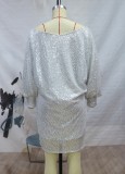 Sparkly Silver Sequin Puff Sleeve Mini Cocktail Dress