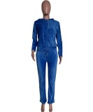 Blue Velvet Drawstring Hoody Top and Pants Two Piece Set