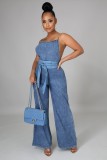 Blue Cami Backless Wide Bottom Denim Jumpsuit
