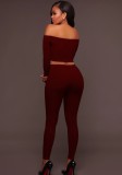 Red Ribbed Off Shoulder Crop Top and Drawstring Pants Two Piece Set