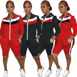Color Block Red Zip Up Long Sleeve Top and Short Two Piece Set