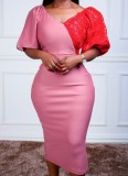 Red Lace Patch Pink V-Neck Puff Sleeve Sheath Midi Dress