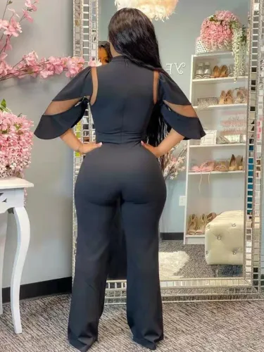Black Mesh Insert Wide Leg Jumpsuit
