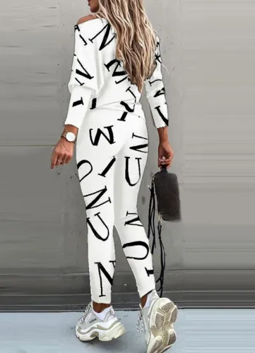 Letter Print White Shirt and Pants 2PCS Set
