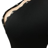 Black Ribbed Snap Button Blackless Irregular Slit Maxi Dress