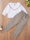 Kids Girl White Ruffle O-Neck Shirt and Plaid Print Pants with Belt Three Piece Set