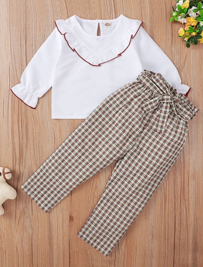 Kids Girl White Ruffle O-Neck Shirt and Plaid Print Pants with Belt Three Piece Set