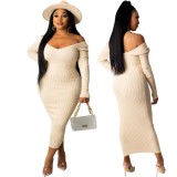 Beige Ribbed V-Neck Long Sleeves Long Bodycon Dress