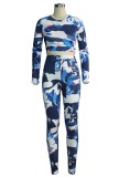 Print Long Sleeves Fitted Crop Top and Pants Two Piece Set