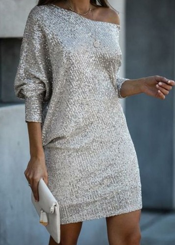Sparkly Silver Sequin Puff Sleeve Mini Cocktail Dress
