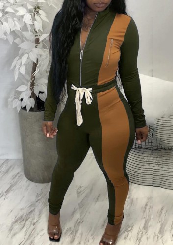 Green and khaki Contrast Zipper Up Top and Pants Two Piece Set