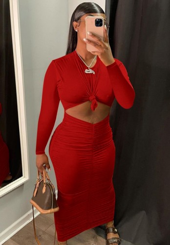 Red Twist O-Neck Cut Out Long Sleeve Ruched Tight Long Dress