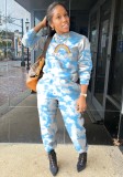 Rainbow Print Blue Long Sleeve Top and Pant Two Piece Set