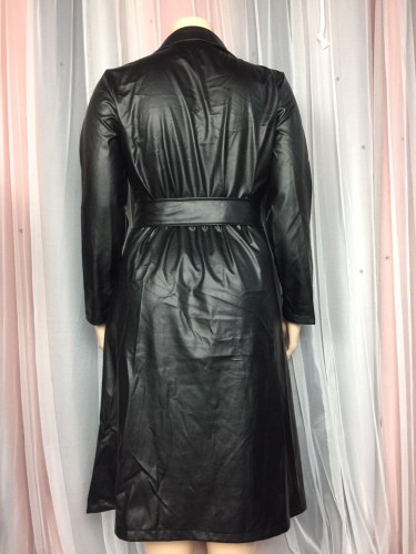 Plus Size Black Leather O-Ring Turndown Collar Long Jacket Dress with Belt
