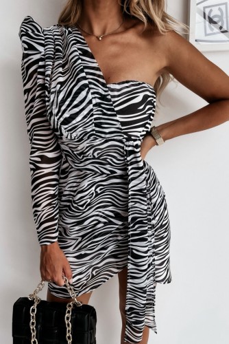 Zebra Print One Shoulder Single Sleeve Wrap Irregular Mini Dress
