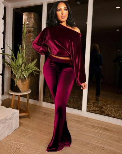 Red Velvet Long Sleeve Crop Top and Slim Pant Two Piece Set