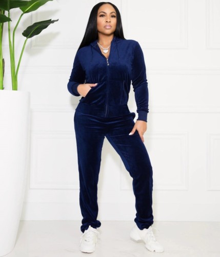 Navy Velvet Drawstring Hoody Top and Pants Two Piece Set