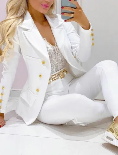 White Turndown Collar Office Blazer and Pants Suit